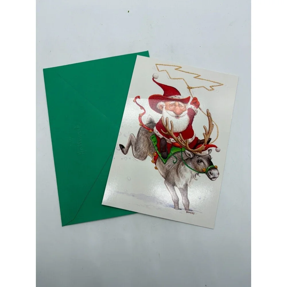 Hallmark Christmas Card Tim Bowers Santa Riding Reindeer Lasso PX 575-6